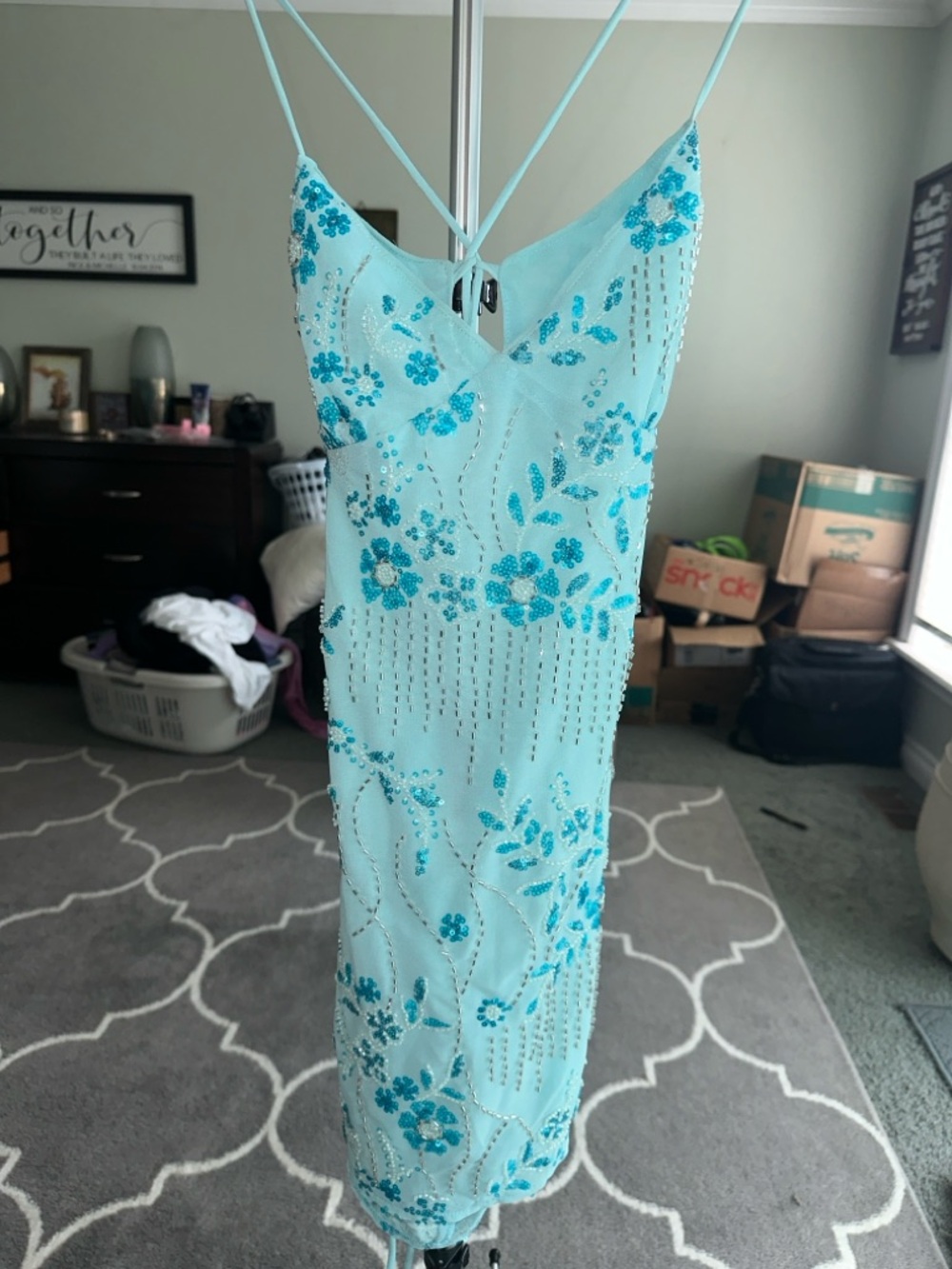 Peppermayo Aqua Blue Beaded Strapless Dress